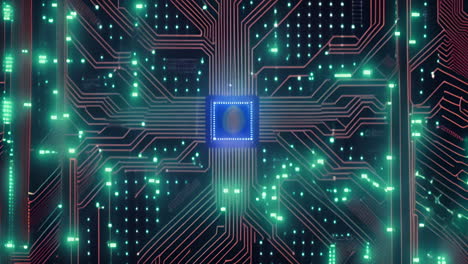 abstract circuit board with glowing microchip