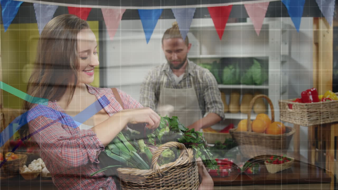 식료품 가게에서 행복한 백인 남성 판매자와 여성 고객에 대한 금융 그래프의 애니메이션