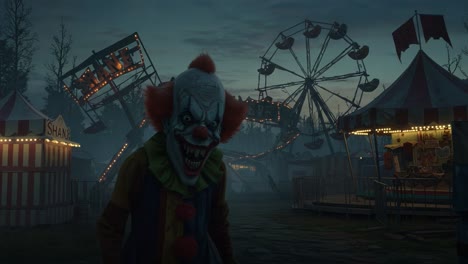 a haunting clown emerges from the shadows of an abandoned carnival, bringing a chilling atmosphere to the deserted fairground as nightfall approaches