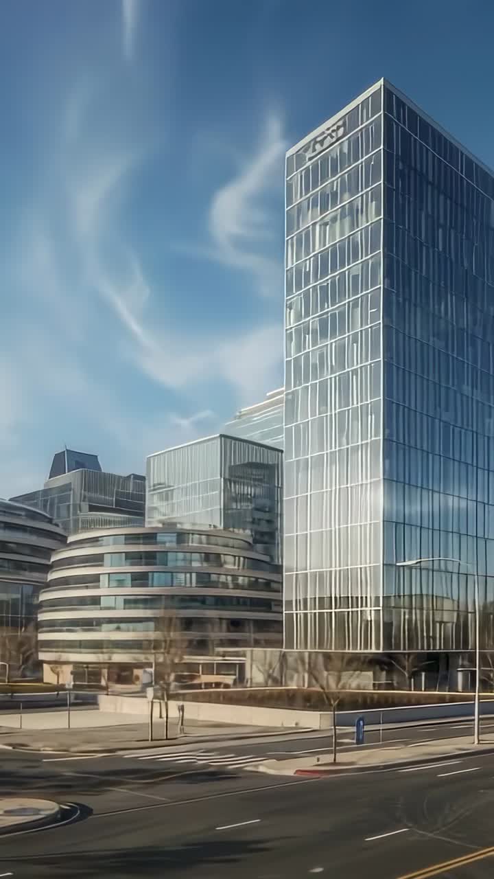 Vertical video: Panning camera across road intersection, revealing glass tower and curved building