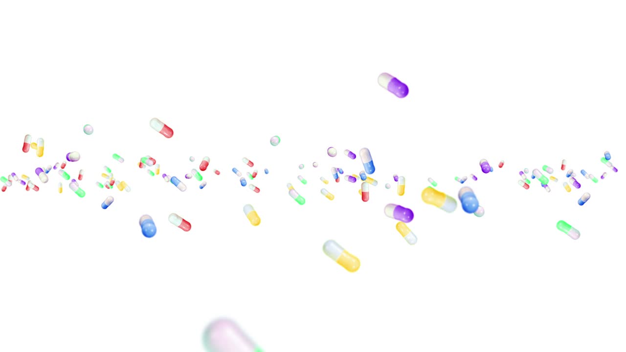 Molte capsule mediche che volano su sfondo bianco. Concetto medico e farmaceutico. Animazione 3D di capsule colorate che ruotano. Animazione in loop