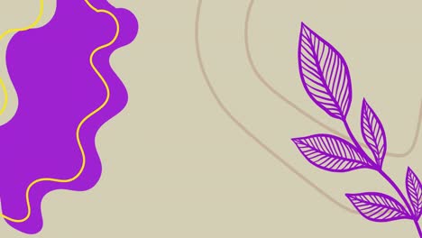 Animation-of-purple-leaves,-lines-and-abstract-shapes-moving-on-beige-background