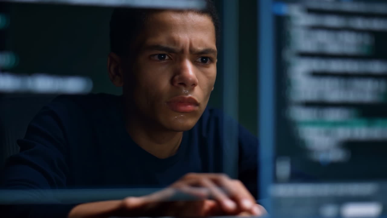 Focused Programmer Debugging Code On Monitor, Latenight Security Shift, Tense Expression, Hands On Keyboard,