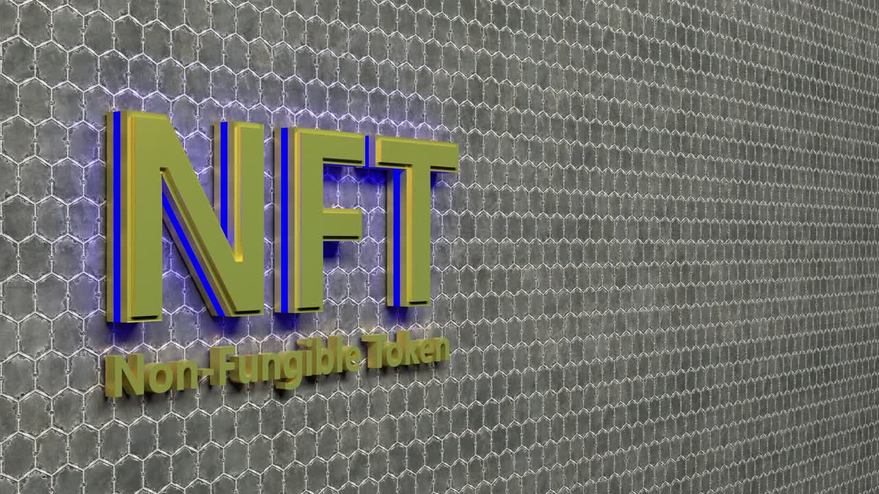 concepto de moneda de arte criptográfico nft. token no fungible con luz parpadeante en fondo abstracto de oro oscuro. bucle de renderización 3d sin costuras.