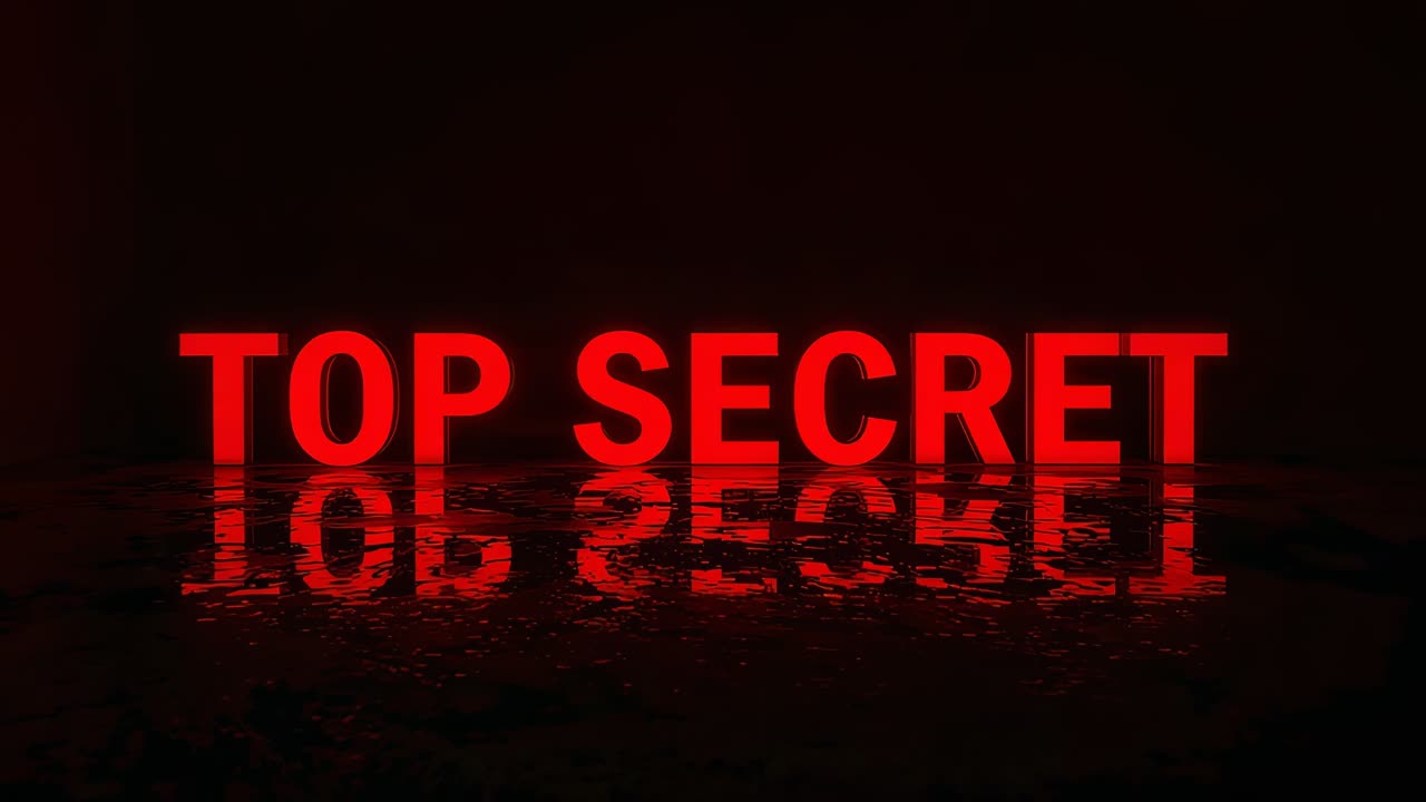 Pulsing red TOP SECRET lettering casting rippling reflection on wet studio floor, signaling secrecy