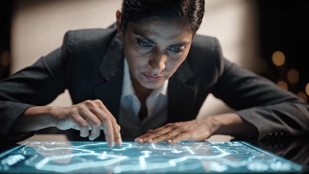 Focused Professional Analyzing Data on a Futuristic Holographic Interface, Displaying Intense Concentration and Engagement in Innovative Technology Use