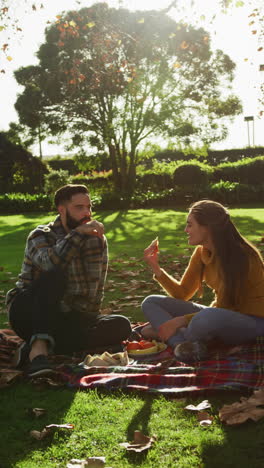 video vertical de una feliz pareja biracial haciendo picnic en el jardín de otoño