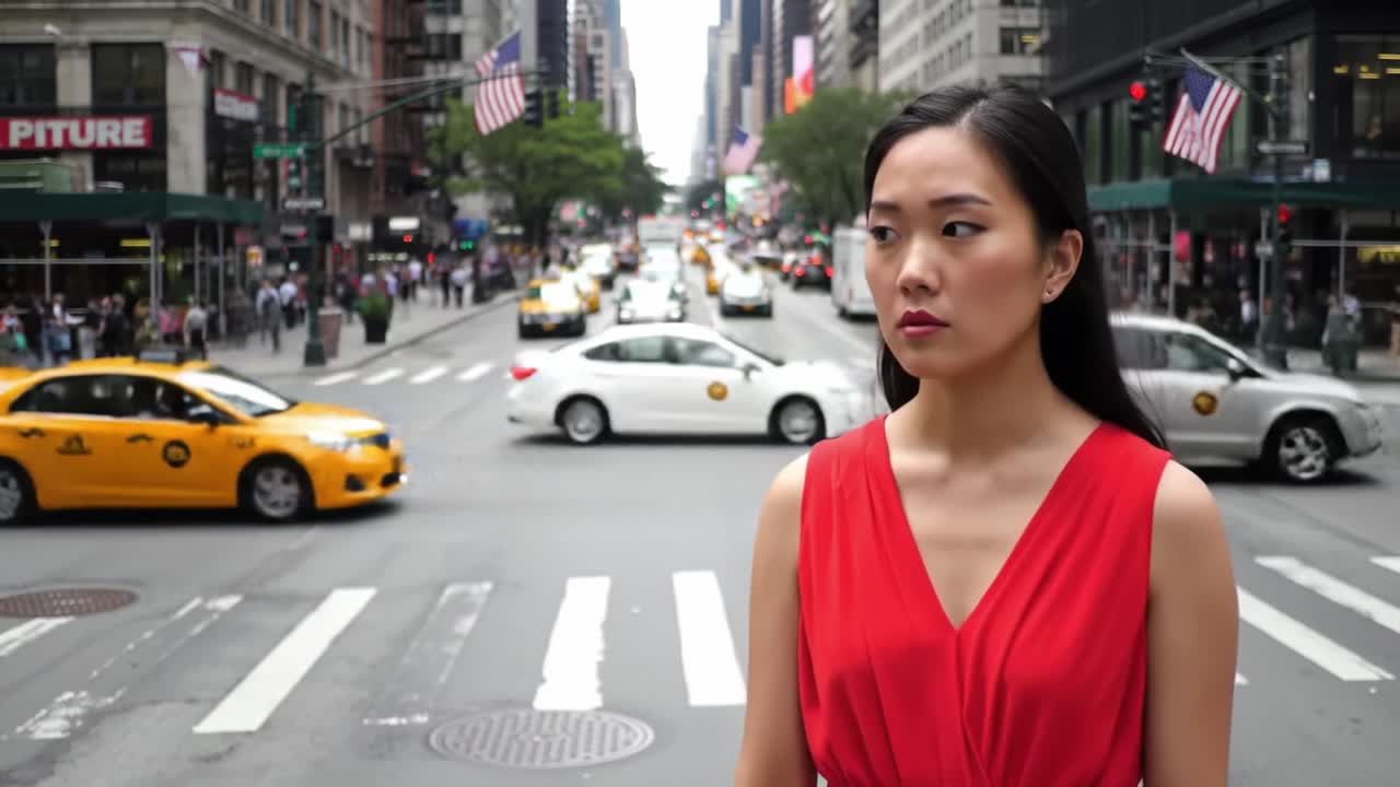 A woman wearing a vibrant red dress stands at a crosswalk in New York City. The streets are bustling with yellow taxis and people moving in various directions, showcasing city life.