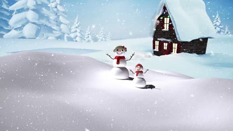 Animation-Von-Schnee,-Der-über-Lächelnde-Zwei-Schneemänner-In-Einer-Winterlandschaft-Fällt