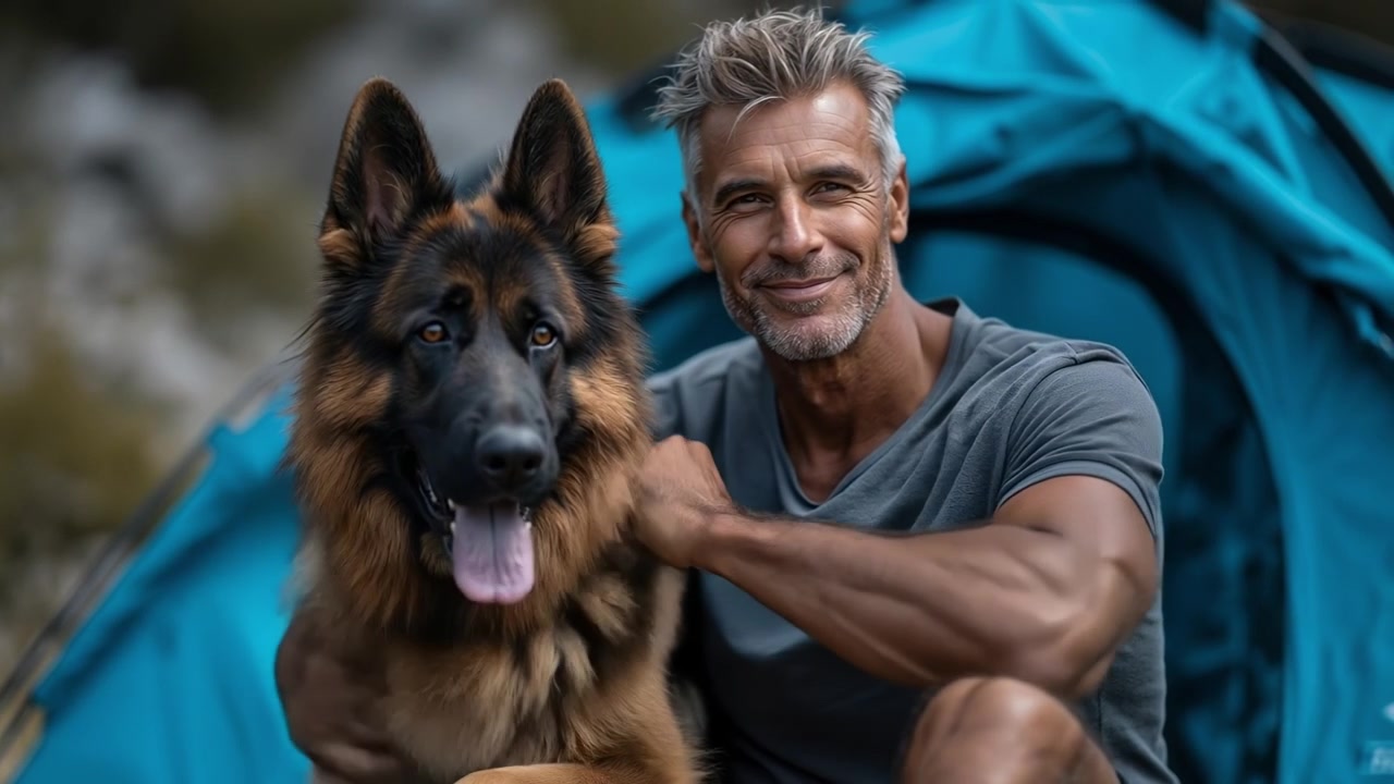 Açık havada, mavi bir kamp çadırının önünde Alman Kurdu köpeğiyle oturan olgun bir adam.