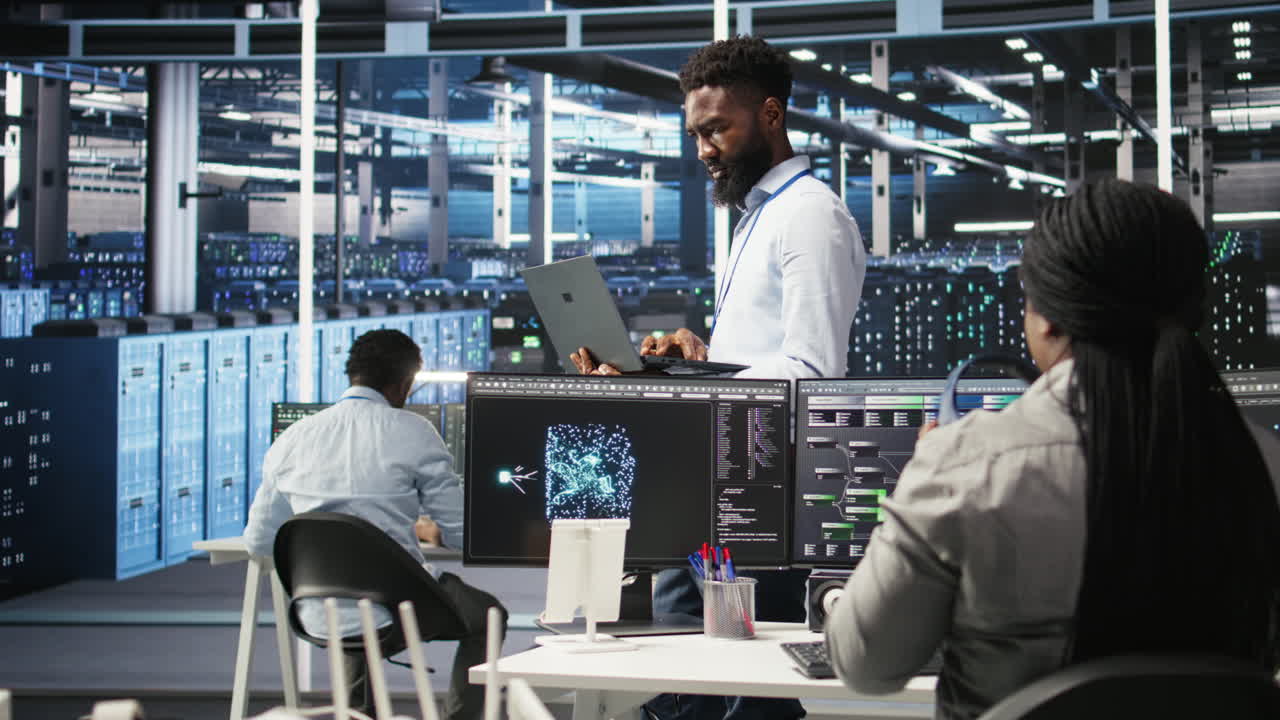 Portrait of data center engineer analyzing gear issues using node tree tool