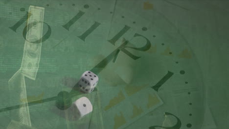 animación del procesamiento de datos y reloj sobre billetes y dados