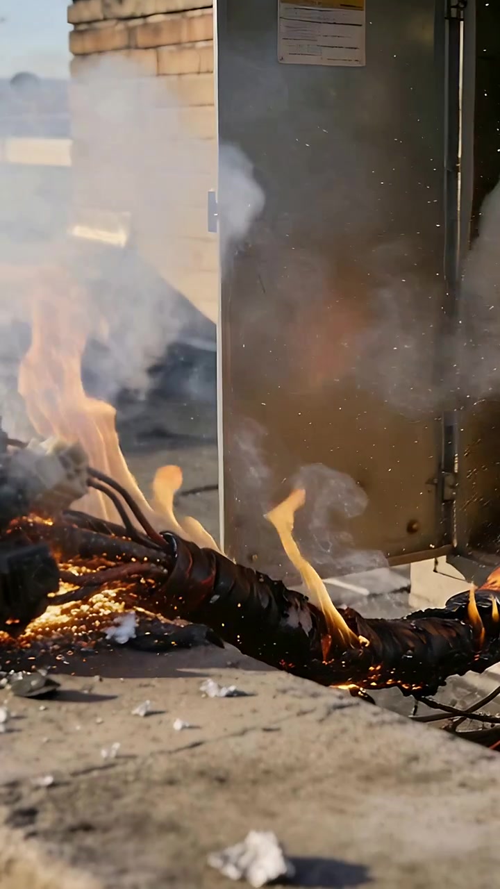 Vertical video: Sparking connector igniting cable harness on rooftop metal cabinet, producing smoke