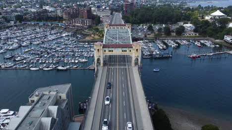 Burrard-Street-Bridge-and-False-Creek-in-Vancouver-Canada,-aerial-birds-eye-view