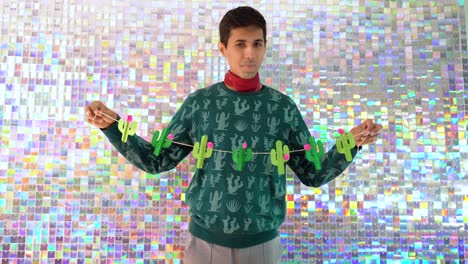man in cactus sweater holding cactus garland