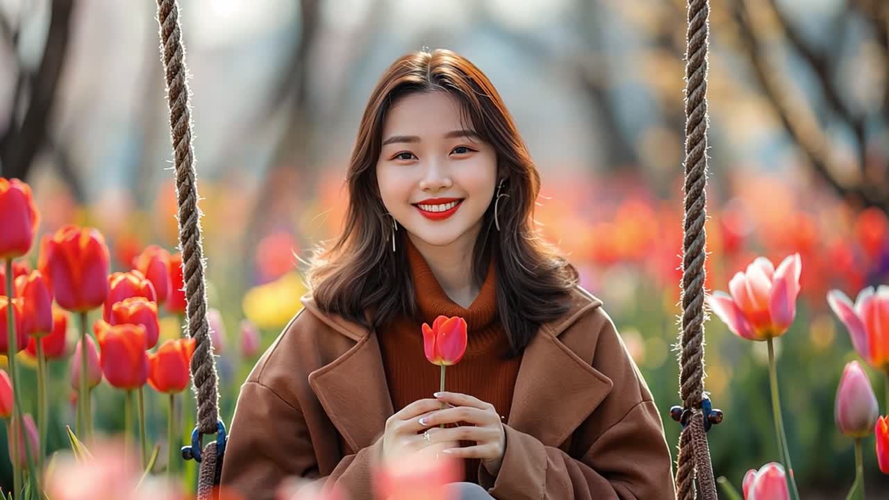 Smiling Woman on a Swing in a Tulip Garden