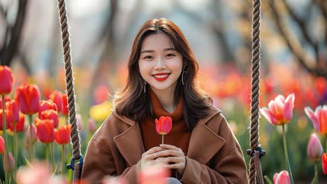 smiling woman on a swing in a tulip garden