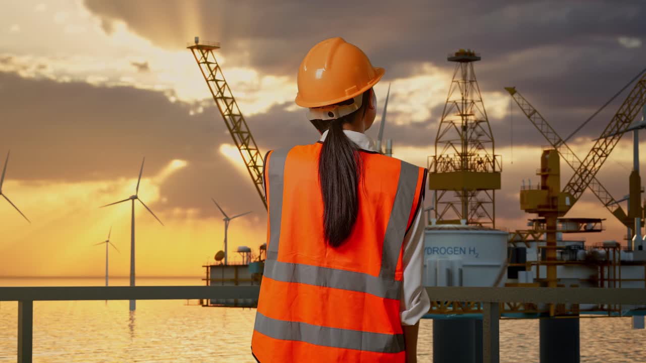 Kvindelig ingeniør ved havvindmøllepark og olierig
