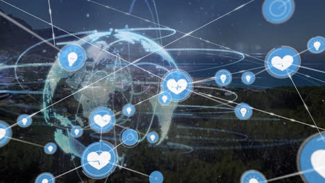 animation of network of connections over globe and landscape