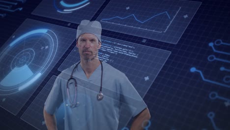 animation of caucasian male doctor and scientific data processing over blue background