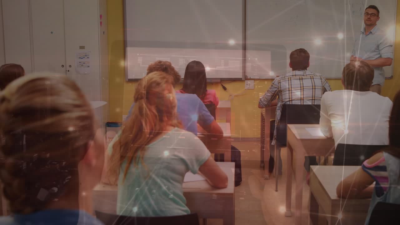 Animation of data and connections over diverse teacher and students at school