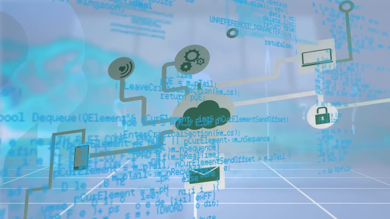 파란색 배경 위의 데이터 처리 및 연결 네트워크의 애니메이션