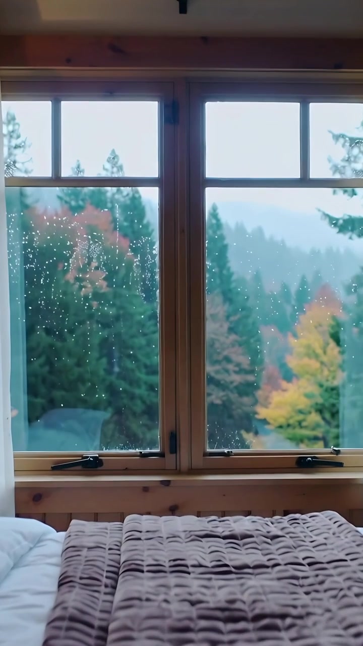 Vertical video: Shifting camera moving wood window forward in cabin framing forest with raindrops