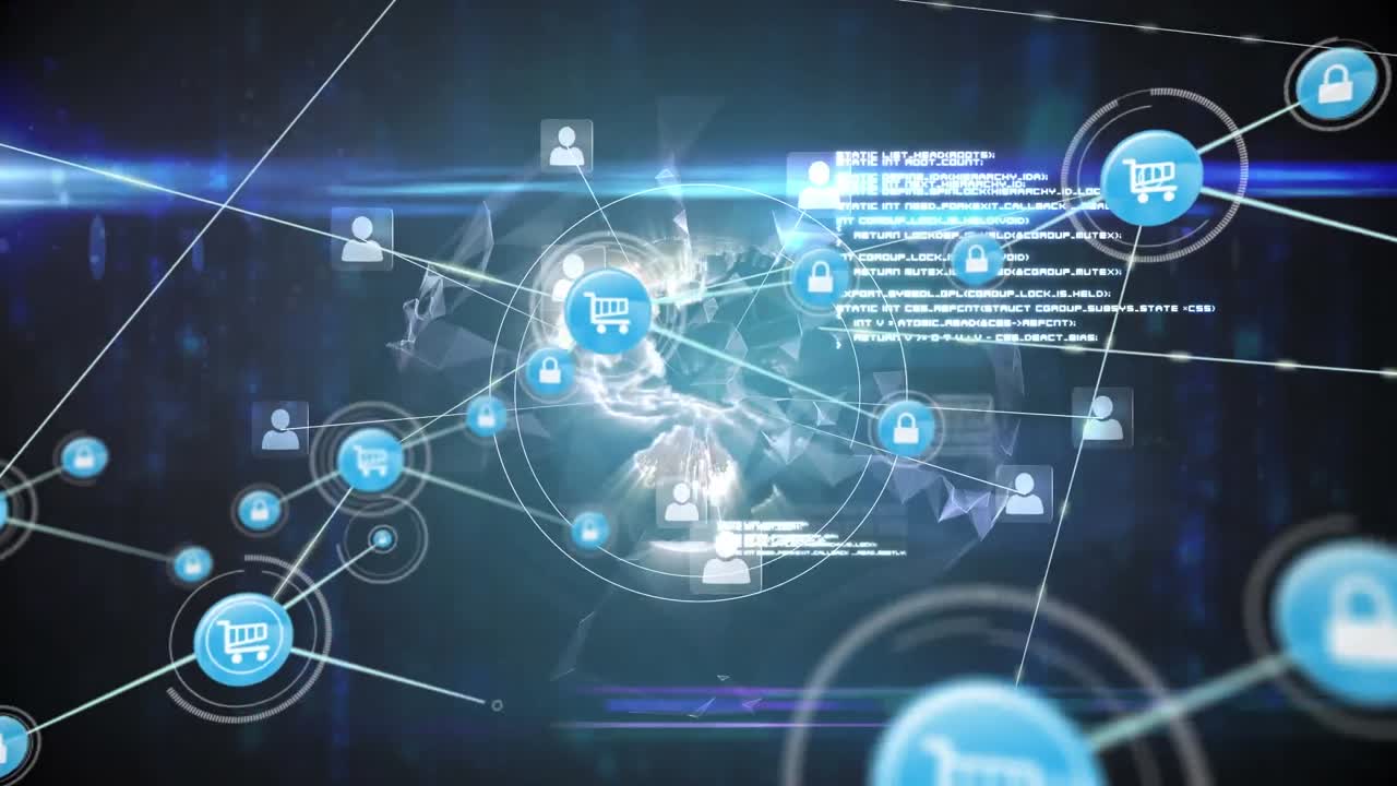 검은색 배경에 아이콘으로 연결 네트워크의 애니메이션