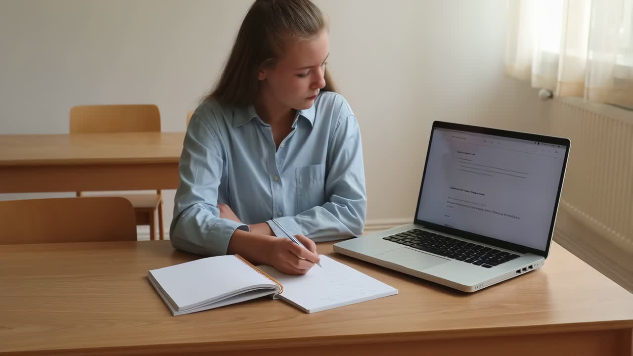 Young Woman Studying with Laptop and Notebook