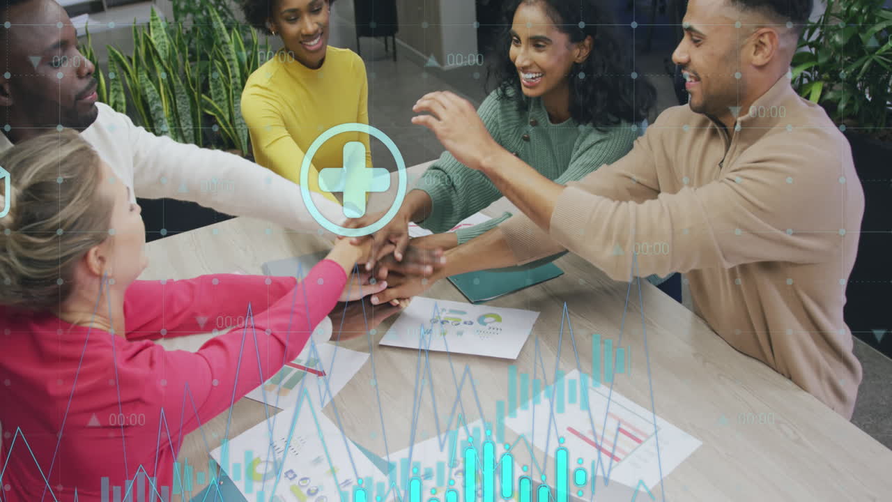 Animation of financial data processing over diverse business people having meeting at office