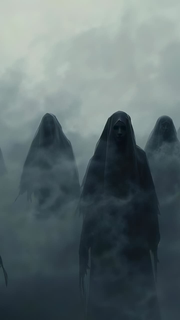 Vertical video: Fog lifting revealing hooded figures advancing receding into swirling mist in field