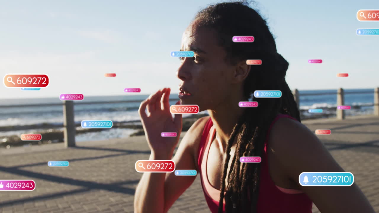Jogging by sea, woman surrounded by colorful data icons in animation