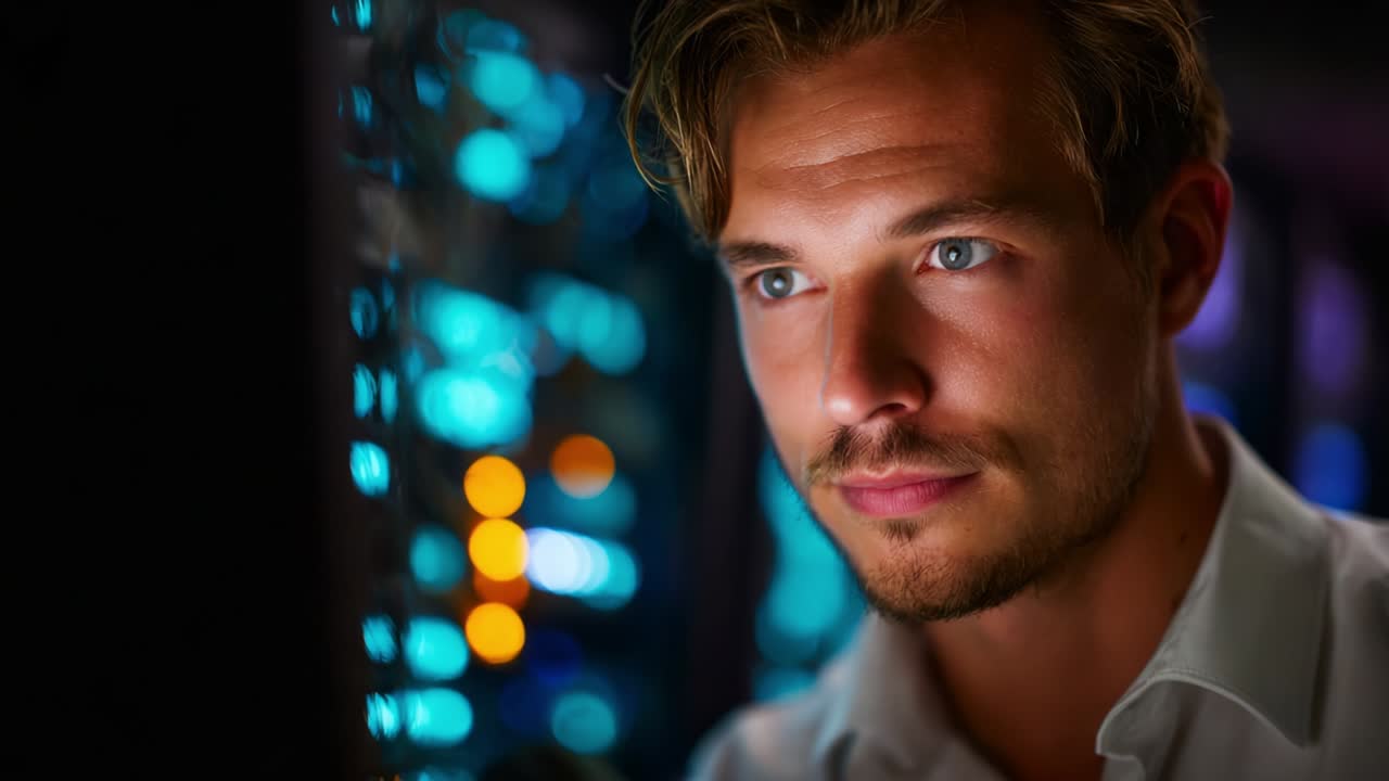 Focused Individual Analyzes Data Surrounded by Advanced Technology, Showcasing Concentration and Engagement in a High-Tech Environment with Illuminated Background Elements Reflecting Innovation