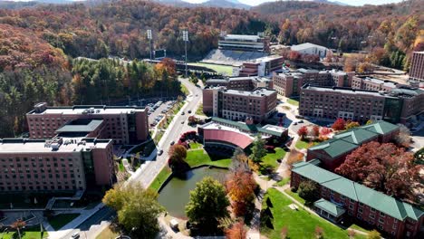 aerial pullout from kidd brewer football stadium on appalachian state university campus in boone nc, north carolina