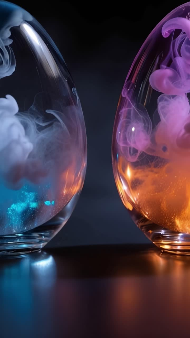 Vasos de vidro hipnotizantes capturando fumaça colorida em espiral, misturando tons vibrantes de azul, laranja e roxo, criando uma experiência visual cativante de movimento