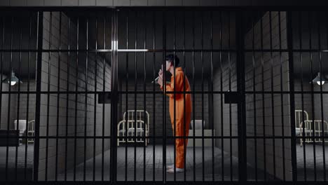 full body side view of asian male prisoner in handcuffs making shh gesture while standing in prison