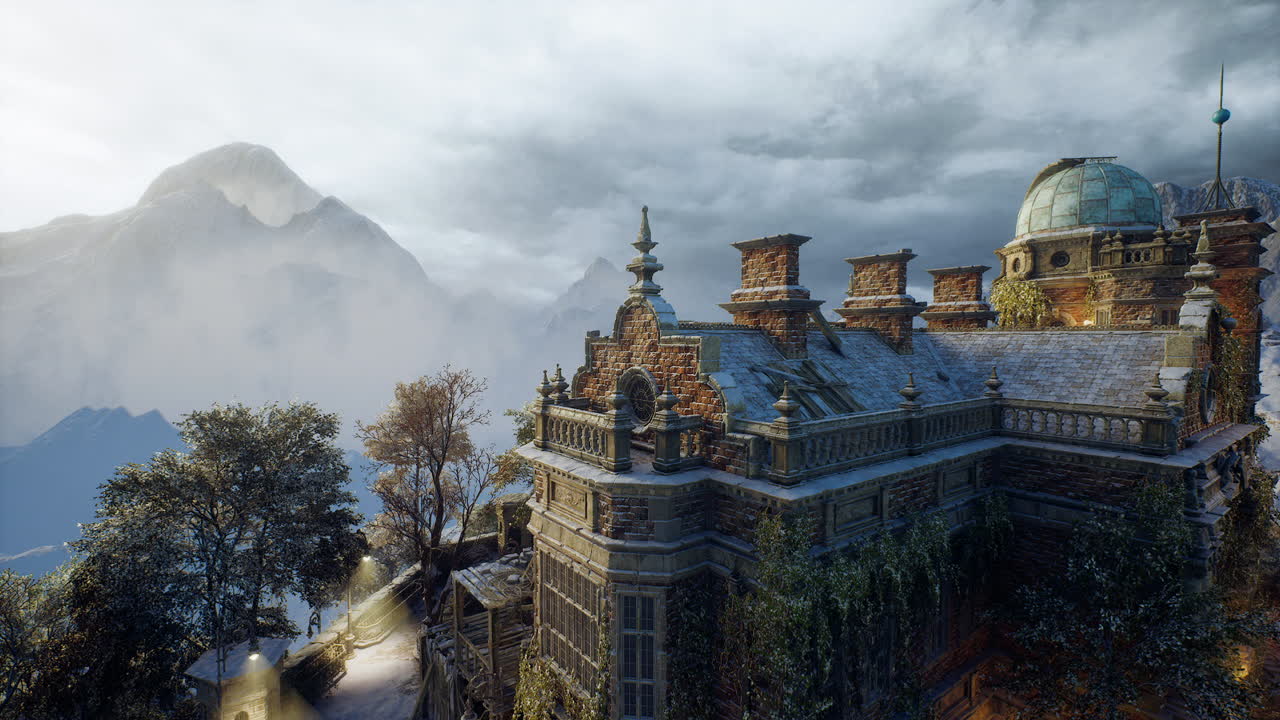 Majestic ancient mansion overlooking misty mountains during twilight