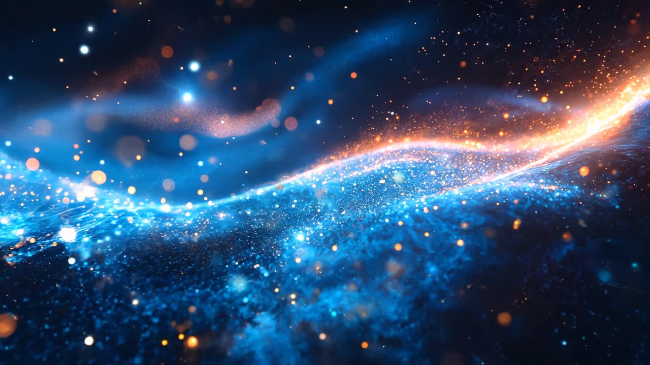 A blue wave with orange streaks in the middle. The blue wave is surrounded by a lot of small dots