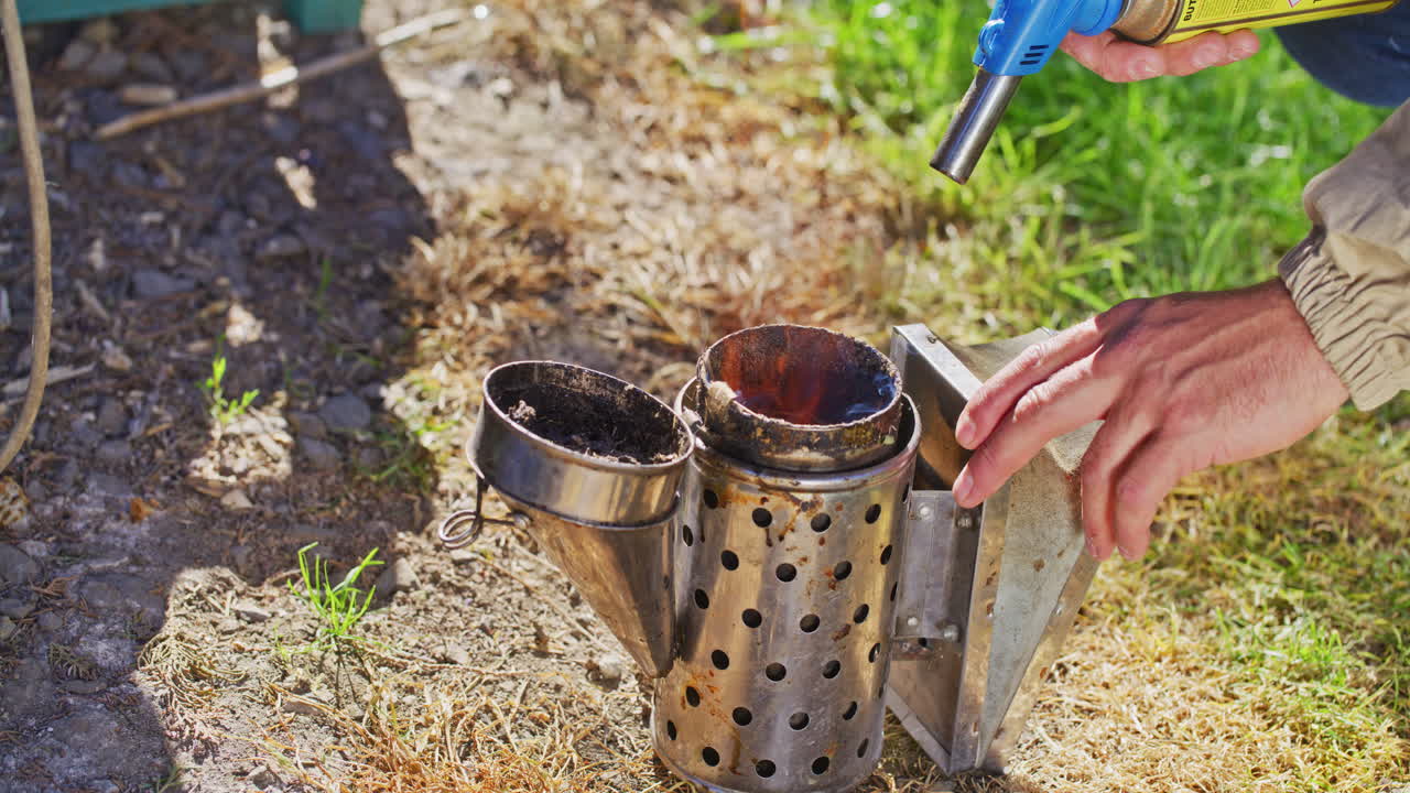 el apicultor se prepara para trabajar con las colmenas
