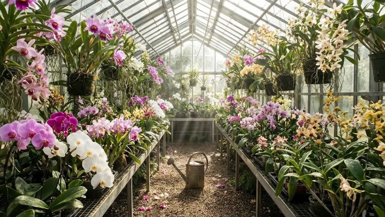 Una bellissima serra piena di orchidee e fiori