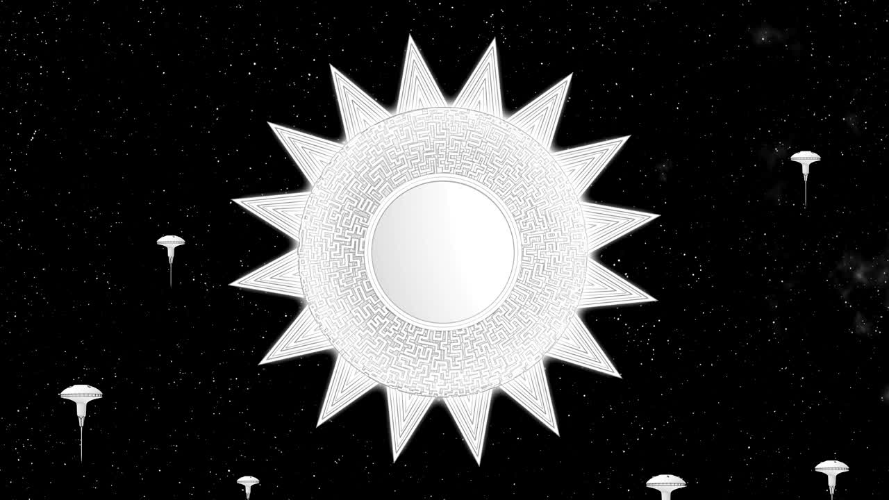 테크노 공상과학 태양 우주 정거장은 별을 배경으로 회전합니다 3d 애니메이션