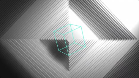 animación de un cubo de líneas azules en 3d sobre una pirámide negra y gris de líneas concéntricas