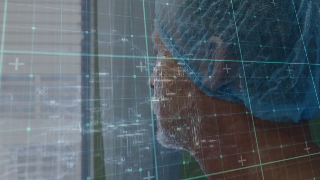 병원에서 백인 남성 외과 의사에 대한 데이터 처리의 애니메이션