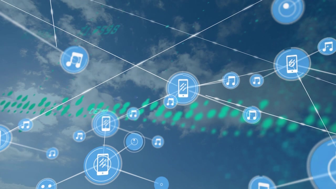 Animation of network of connections with icons over sky and clouds