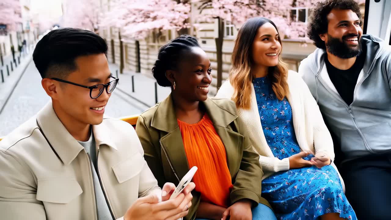 Diverse group of young people traveling by tram during spring.