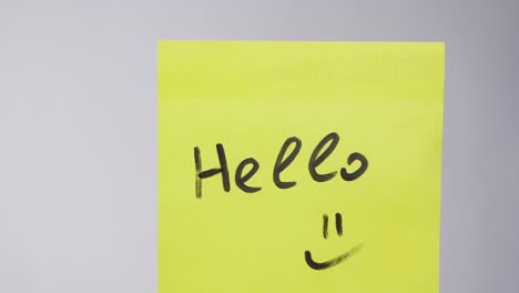 yellow sticky note with "hello" and smiley face