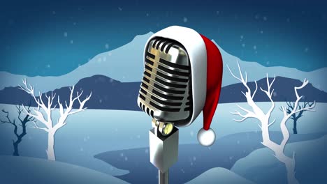 Animation-Einer-Weihnachtsmütze-Auf-Einem-Vintage-Mikrofon-über-Einer-Winterlandschaft