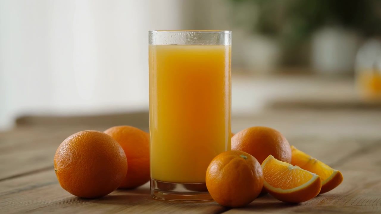 Una vista dall'alto di un bicchiere di succo d'arancia su un tavolo di legno, circondato da arance a fette e intere, creando una presentazione fresca e salutare. I vivaci colori giallo e arancione enfatizzano la freschezza.