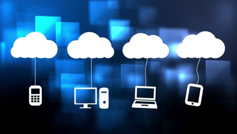 Weiße-Wolke-Bewegt-Sich-Mit-Netzwerksymbolen-Auf-Blauem-Digitalem-Hintergrund