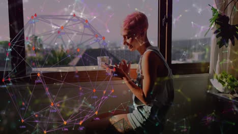 animation of network of digital icons over woman using smartphone